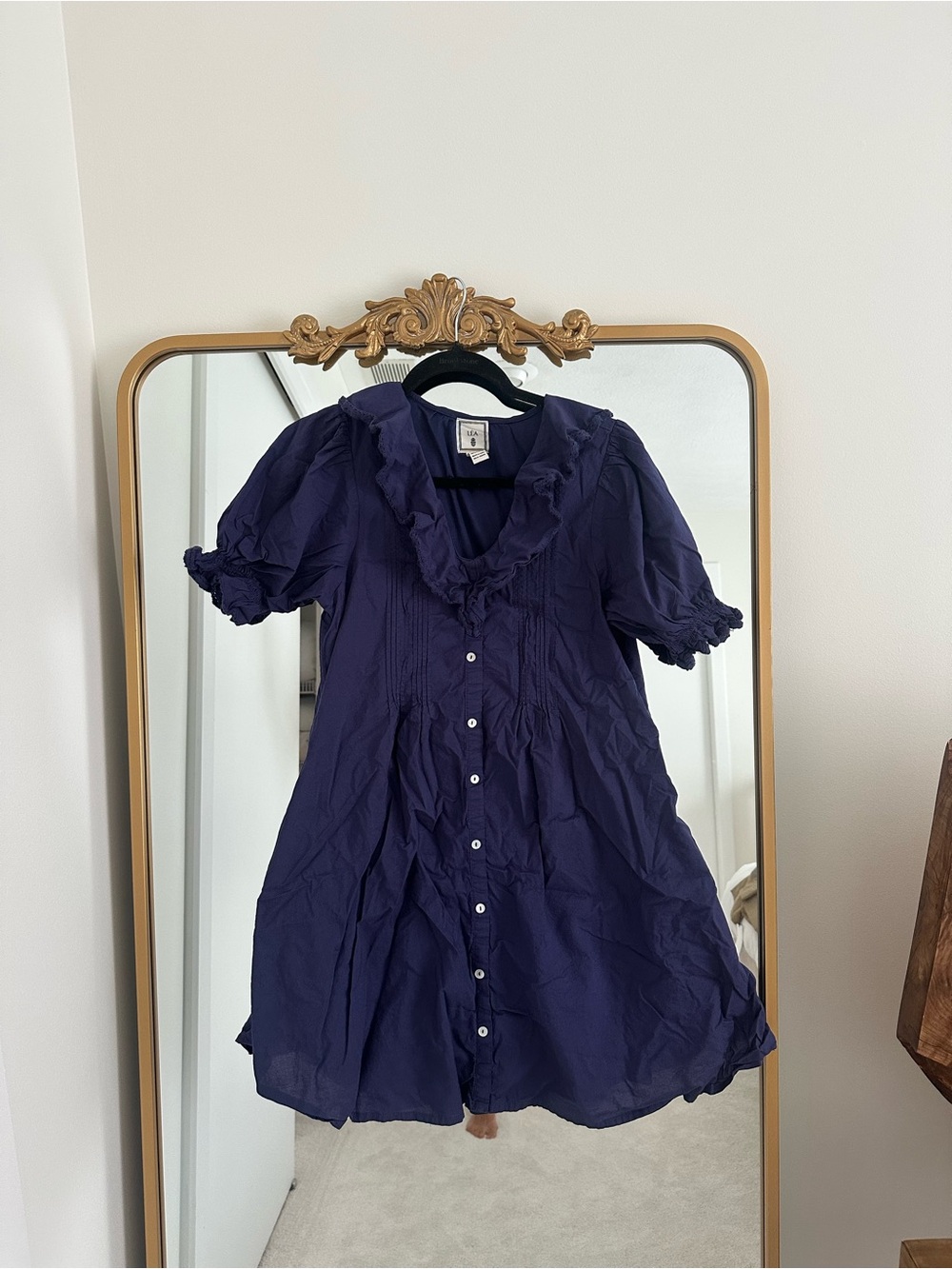 Navy Blue Button-Front Ruffle Dress